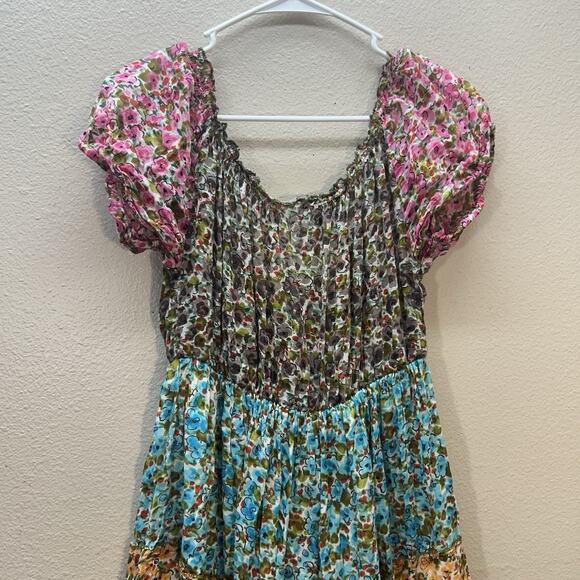 VTG 90s Y2K Jackpot Cottagecore Dress Tiered Midi Boho Puffed Sleeves Womens L - Picture 4 of 7